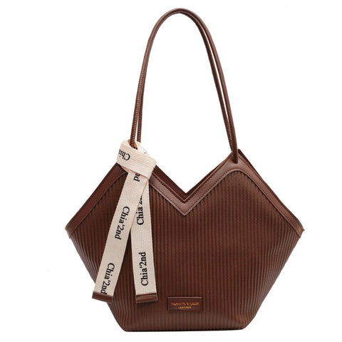 Textured PU Leather Tote Shoulder Bag V-Cut Design Decorative Ribbon Coffee