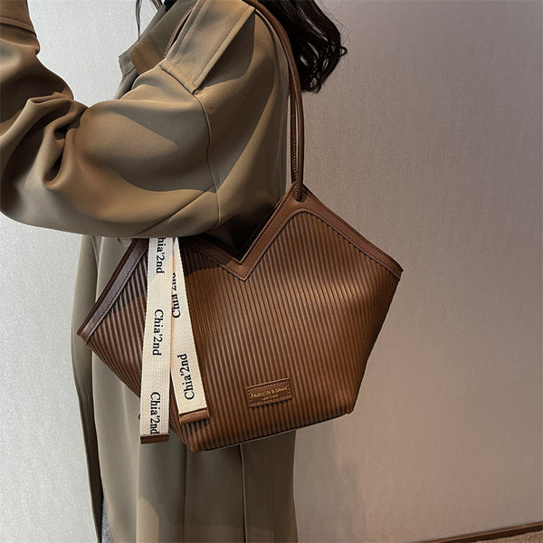 Textured PU Leather Tote Shoulder Bag V-Cut Design Decorative Ribbon Coffee