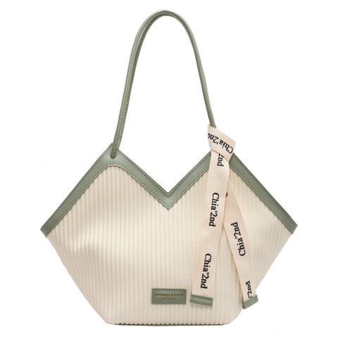 Textured PU Leather Tote Shoulder Bag V-Cut Design Decorative Ribbon Green