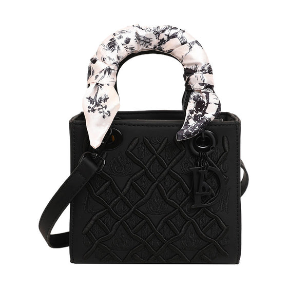 Embossed PU Leather Crossbody Shoulder Bag Handbag Scarf Handle Black