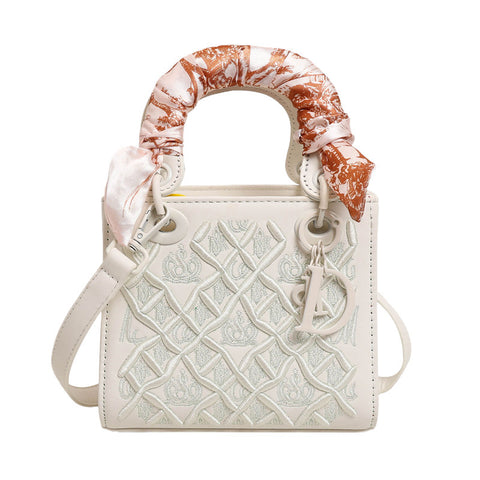 Embossed PU Leather Crossbody Shoulder Bag Handbag Scarf Handle White
