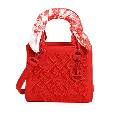Embossed PU Leather Crossbody Shoulder Bag Handbag Scarf Handle Red