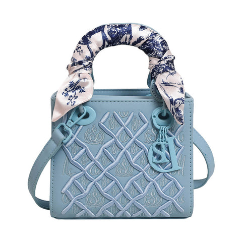 Embossed PU Leather Crossbody Shoulder Bag Handbag Scarf Handle Light Blue