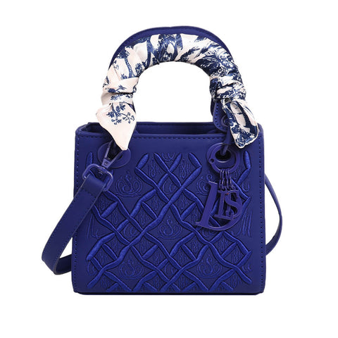 Embossed PU Leather Crossbody Shoulder Bag Handbag Scarf Handle Dark Blue