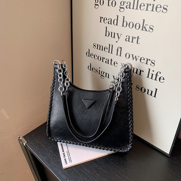 Faux PU Leather Bucket Tote Shoulder Bag Chain Strap Handles Whipstitch Black