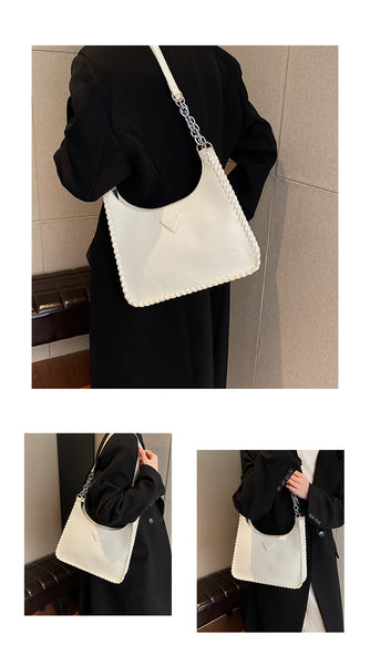 Faux PU Leather Bucket Tote Shoulder Bag Chain Strap Handles Whipstitch Beige