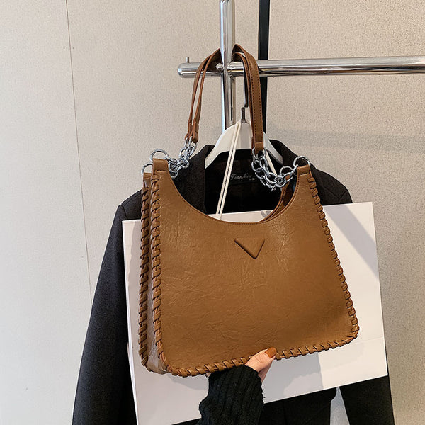 Faux PU Leather Bucket Tote Shoulder Bag Chain Strap Handles Whipstitch Brown