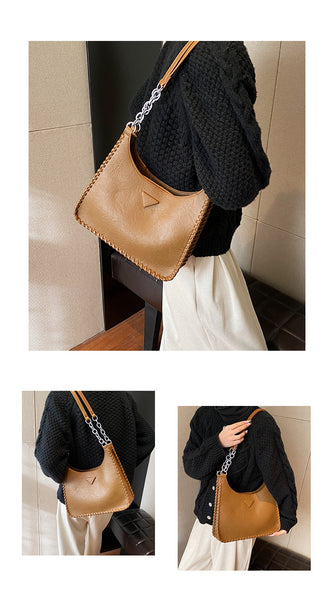 Faux PU Leather Bucket Tote Shoulder Bag Chain Strap Handles Whipstitch Brown