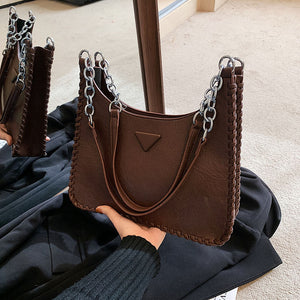 Faux PU Leather Bucket Tote Shoulder Bag Chain Strap Handles Whipstitch Coffee