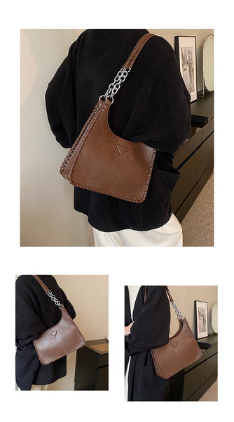 Faux PU Leather Bucket Tote Shoulder Bag Chain Strap Handles Whipstitch Coffee