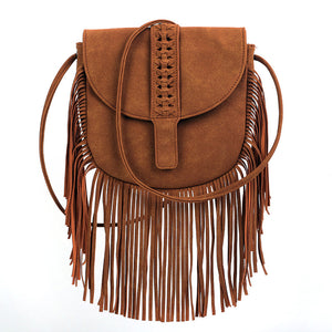 Faux PU Suede Boho Fringe Crossbody Bag Braided Detail Adjustable Strap Brown