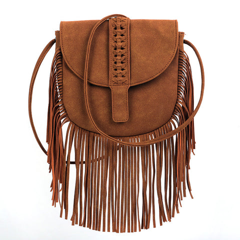 Faux PU Suede Boho Fringe Crossbody Bag Braided Detail Adjustable Strap Brown