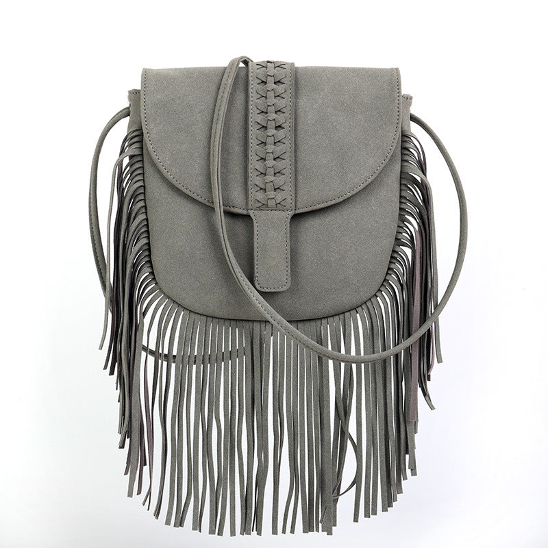Faux PU Suede Boho Fringe Crossbody Bag Braided Detail Adjustable Strap Grey