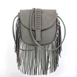 Faux PU Suede Boho Fringe Crossbody Bag Braided Detail Adjustable Strap Grey