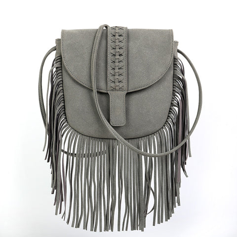 Faux PU Suede Boho Fringe Crossbody Bag Braided Detail Adjustable Strap Grey
