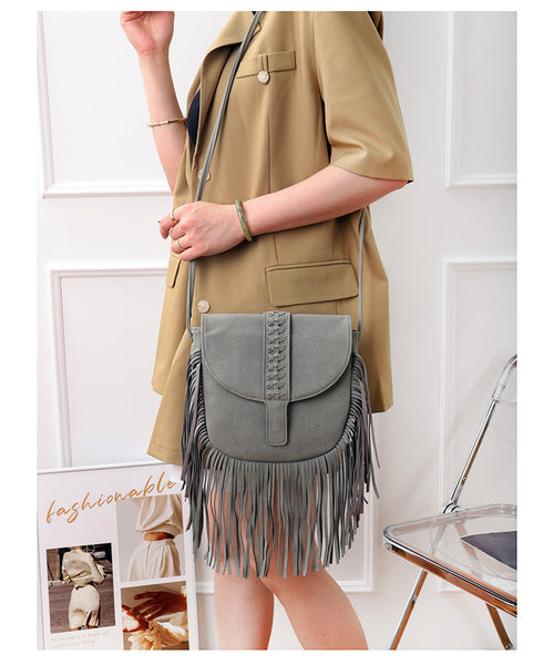 Faux PU Suede Boho Fringe Crossbody Bag Braided Detail Adjustable Strap Grey