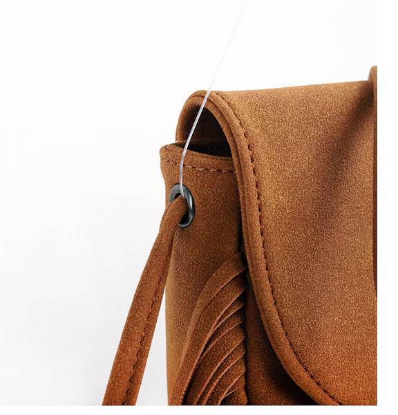 Faux PU Suede Boho Fringe Crossbody Bag Braided Detail Adjustable Strap Coffee