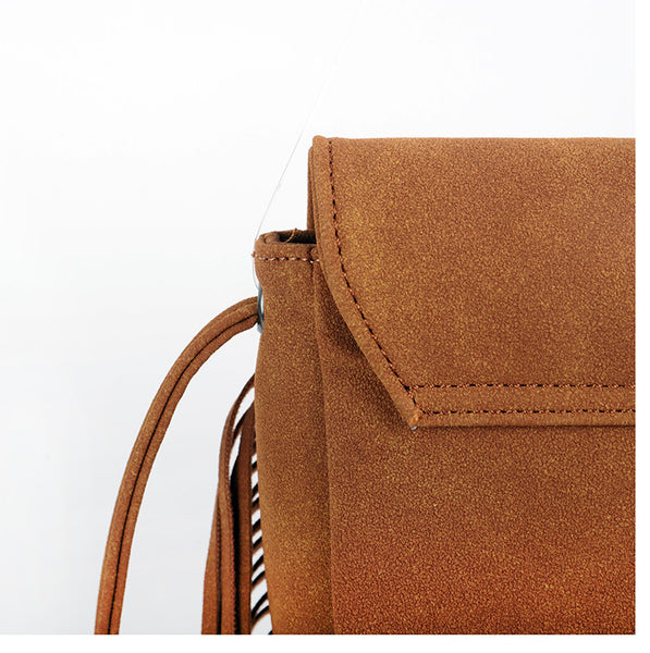 Faux PU Suede Boho Fringe Crossbody Bag Braided Detail Adjustable Strap Coffee