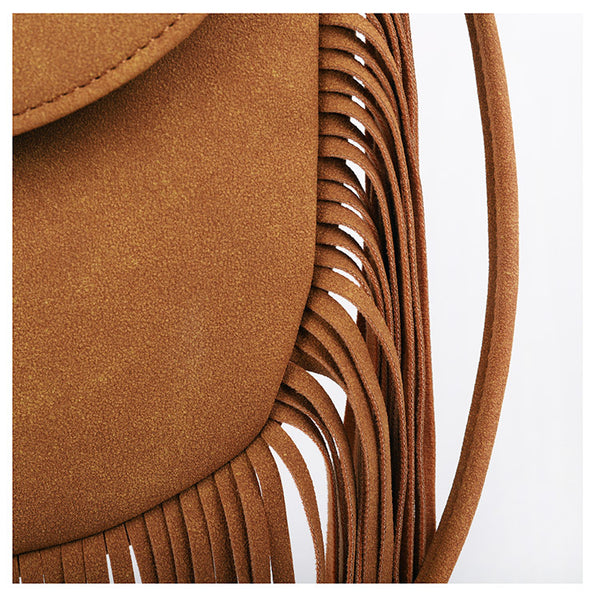 Faux PU Suede Boho Fringe Crossbody Bag Braided Detail Adjustable Strap Coffee