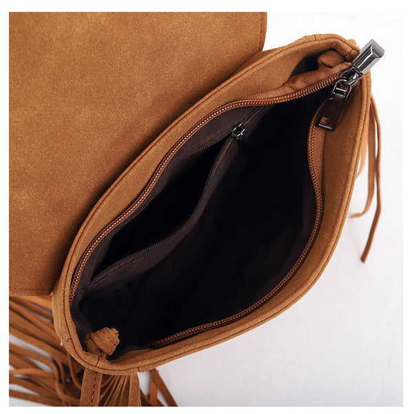 Faux PU Suede Boho Fringe Crossbody Bag Braided Detail Adjustable Strap Coffee
