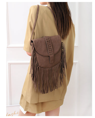 Faux PU Suede Boho Fringe Crossbody Bag Braided Detail Adjustable Strap Coffee