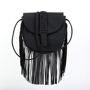 Faux PU Suede Boho Fringe Crossbody Bag Braided Detail Adjustable Strap Black