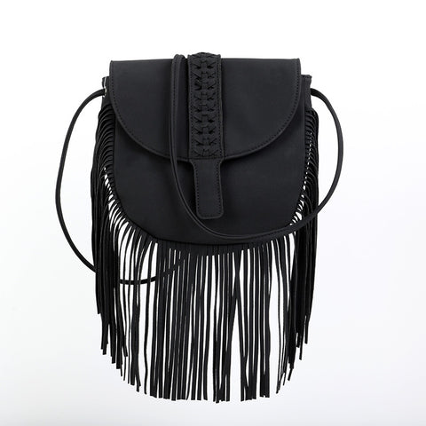 Faux PU Suede Boho Fringe Crossbody Bag Braided Detail Adjustable Strap Black
