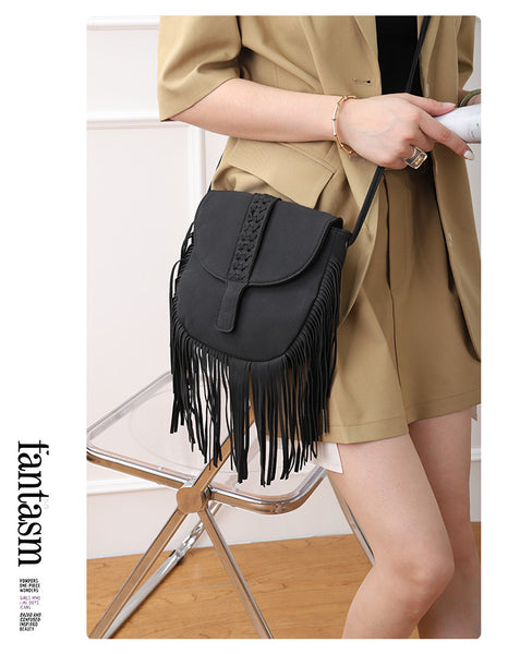 Faux PU Suede Boho Fringe Crossbody Bag Braided Detail Adjustable Strap Black