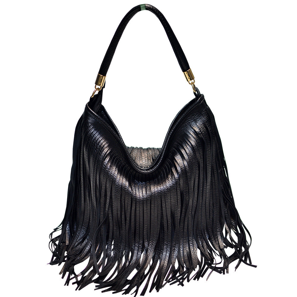 Double Fringe Tassels Hobo Microfibre Leather Shoulder Crossbody Bag Black