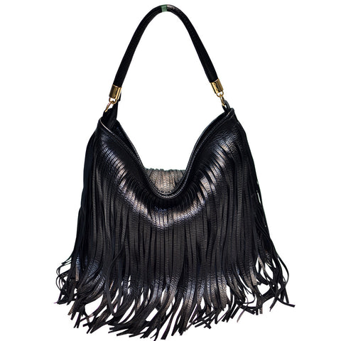 Double Fringe Tassels Hobo Microfibre Leather Shoulder Crossbody Bag Black