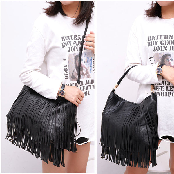 Double Fringe Tassels Hobo Microfibre Leather Shoulder Crossbody Bag Black