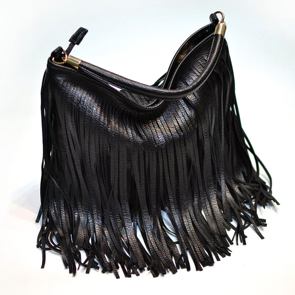 Double Fringe Tassels Hobo Microfibre Leather Shoulder Crossbody Bag Black
