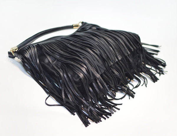 Double Fringe Tassels Hobo Microfibre Leather Shoulder Crossbody Bag Black