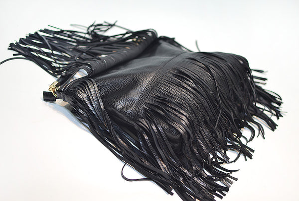 Double Fringe Tassels Hobo Microfibre Leather Shoulder Crossbody Bag Black