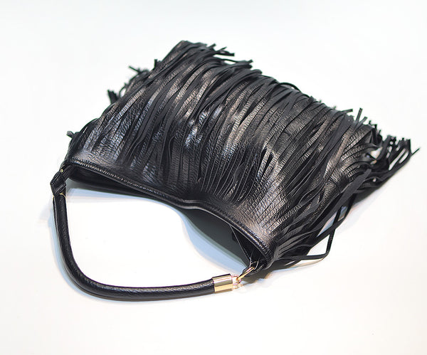 Double Fringe Tassels Hobo Microfibre Leather Shoulder Crossbody Bag Black