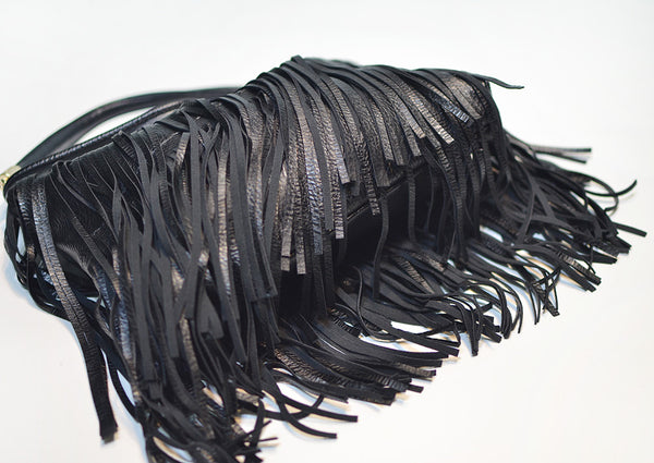 Double Fringe Tassels Hobo Microfibre Leather Shoulder Crossbody Bag Black