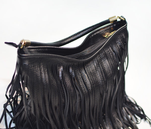 Double Fringe Tassels Hobo Microfibre Leather Shoulder Crossbody Bag Black