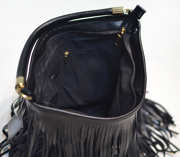 Double Fringe Tassels Hobo Microfibre Leather Shoulder Crossbody Bag Black