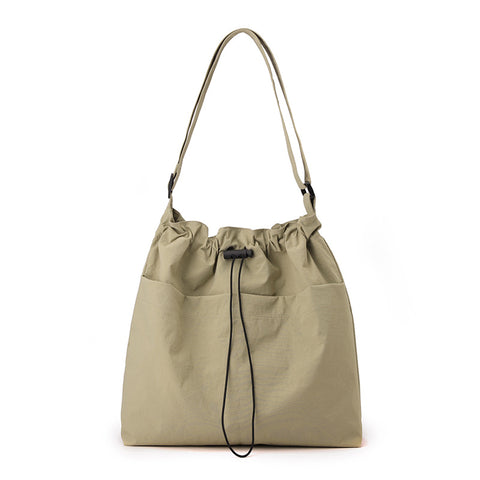 Lightweight Nylon Drawstring Tote Shoulder Crossbody Bag Multi Pocket Khaki