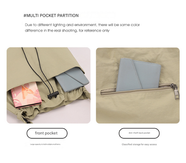 Lightweight Nylon Drawstring Tote Shoulder Crossbody Bag Multi Pocket Khaki