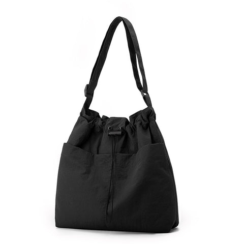 Lightweight Nylon Drawstring Tote Shoulder Crossbody Bag Multi Pocket Black