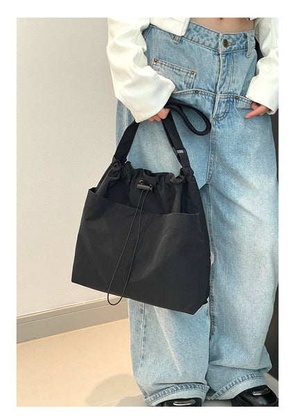 Lightweight Nylon Drawstring Tote Shoulder Crossbody Bag Multi Pocket Black