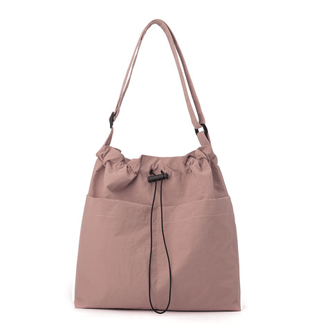 Lightweight Nylon Drawstring Tote Shoulder Crossbody Bag Multi Pocket Pink