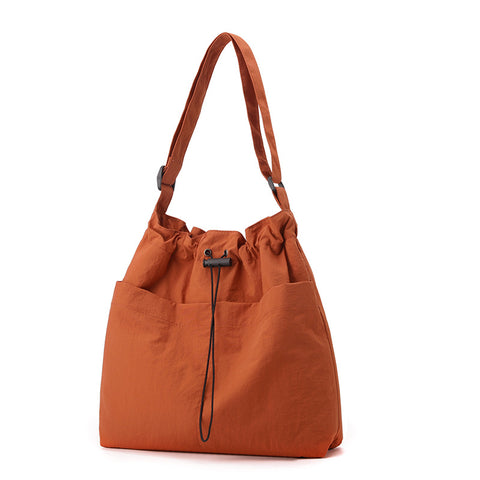 Lightweight Nylon Drawstring Tote Shoulder Crossbody Bag Multi Pocket Orange