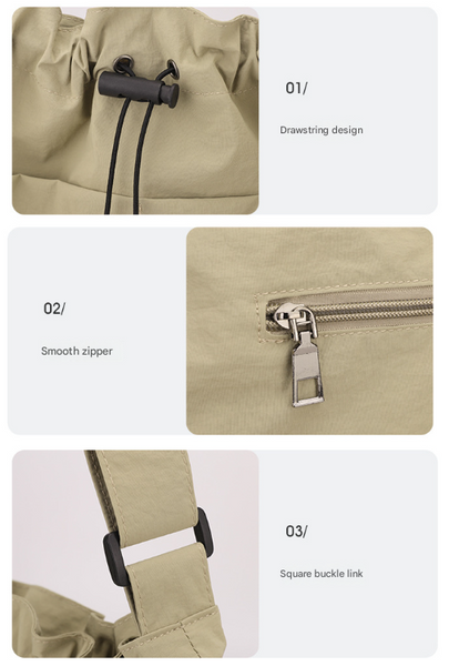 Lightweight Nylon Drawstring Tote Shoulder Crossbody Bag Multi Pocket Orange