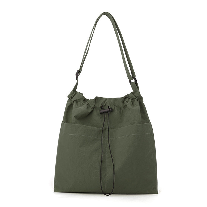 Lightweight Nylon Drawstring Tote Shoulder Crossbody Bag Multi Pocket Green