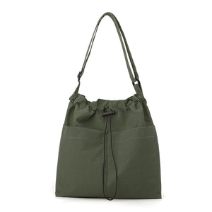 Lightweight Nylon Drawstring Tote Shoulder Crossbody Bag Multi Pocket Green
