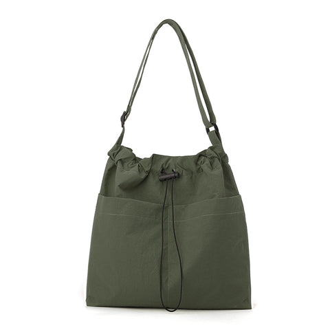 Lightweight Nylon Drawstring Tote Shoulder Crossbody Bag Multi Pocket Green
