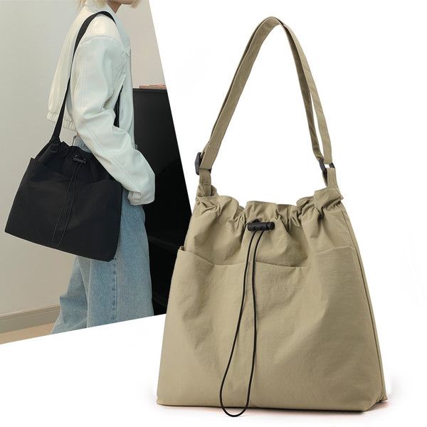 Lightweight Nylon Drawstring Tote Shoulder Crossbody Bag Multi Pocket Green