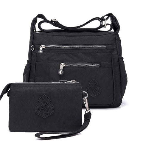 2 Pce Nylon Water Repellent Crossbody Shoulder Bag Clutch Pouch Black